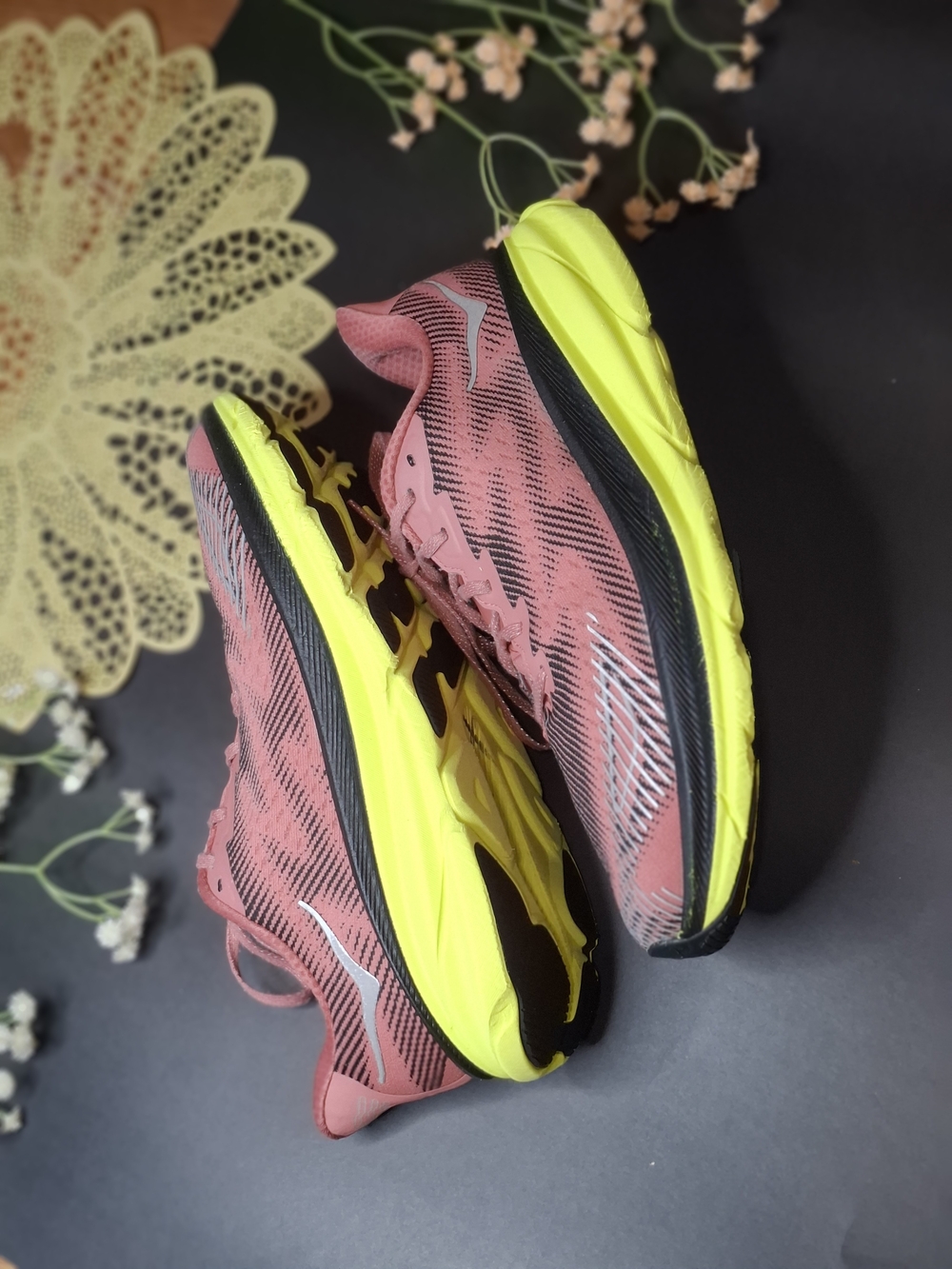 Hoka Women's Pink and Neon Yellow Performance Running Shoes